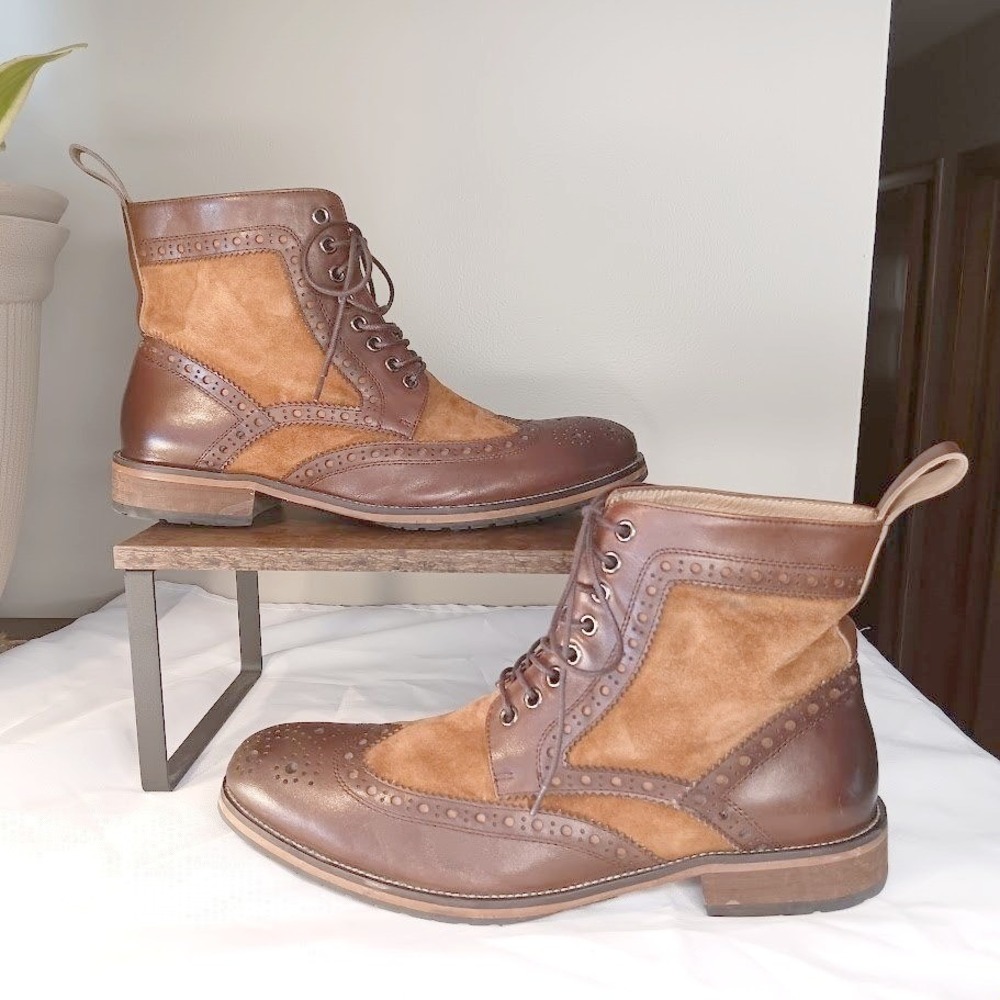 Marc Nolan Belmont Wingtip Boots Mens 10 Brown Leather Suede Brogue Preppy